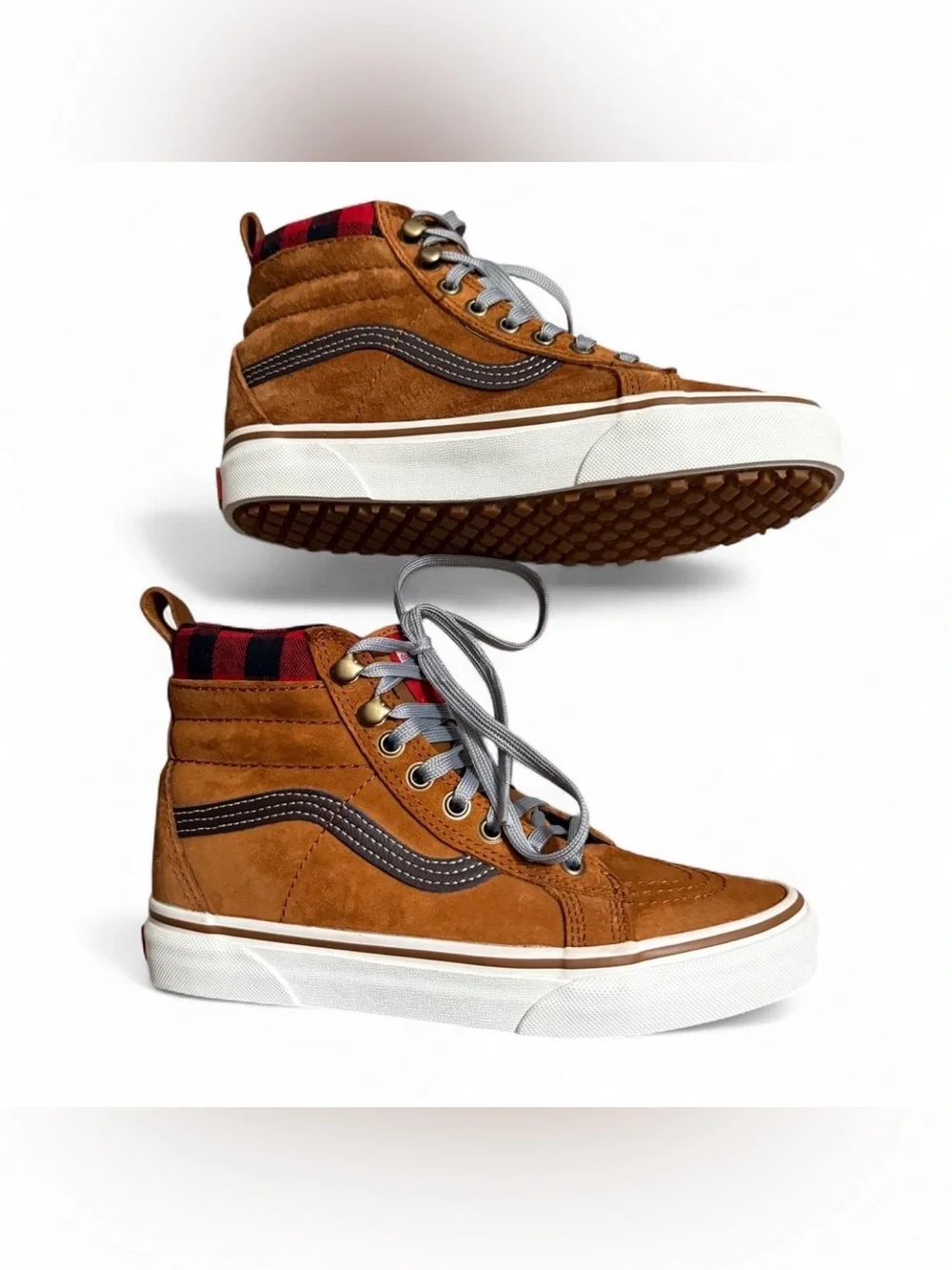 Vans Brown Suede High-Top Sneakers with Red Plaid Collar